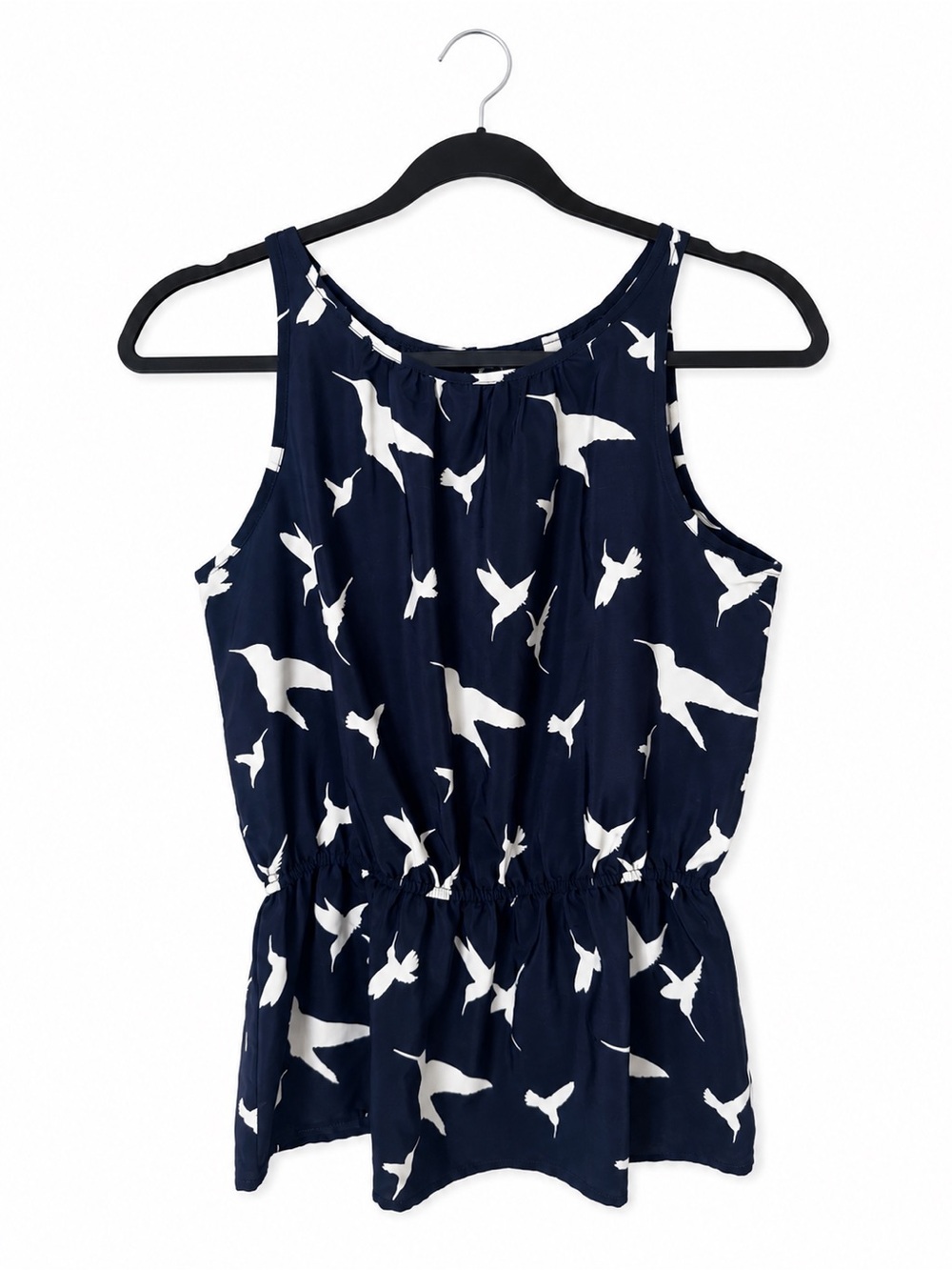 Paper Crane Bird Novelty Print Sleeveless Blouse Navy Ivory White Made in USA M